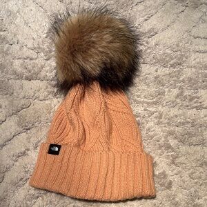 The North Face Tan Knit Beanie with Pom